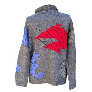 Hand Knit Vtg Turtleneck Wool Sweater Abstract Pattern‎ Gray Red Purple Size 10